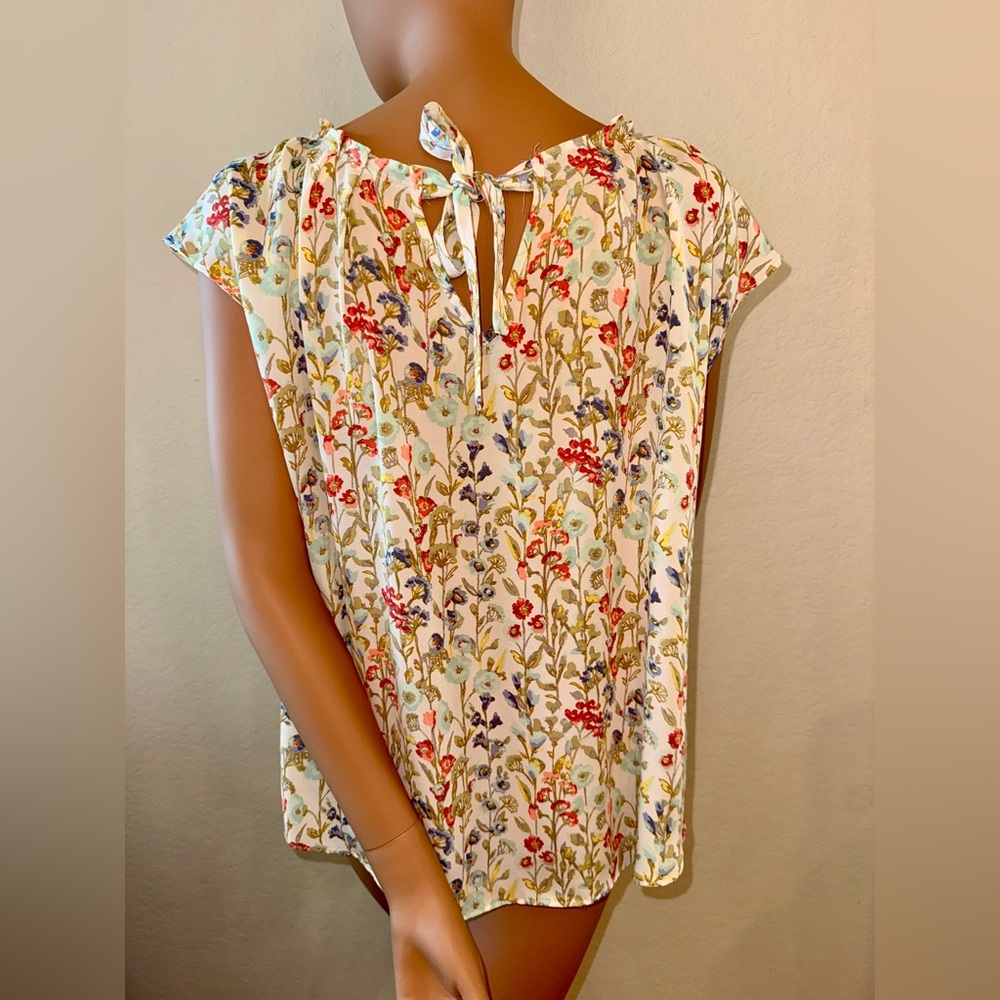 LC Lauren Conrad Floral Blouse Size L Multicolor Tie Back Keyhole Boho Top - Picture 2 of 10